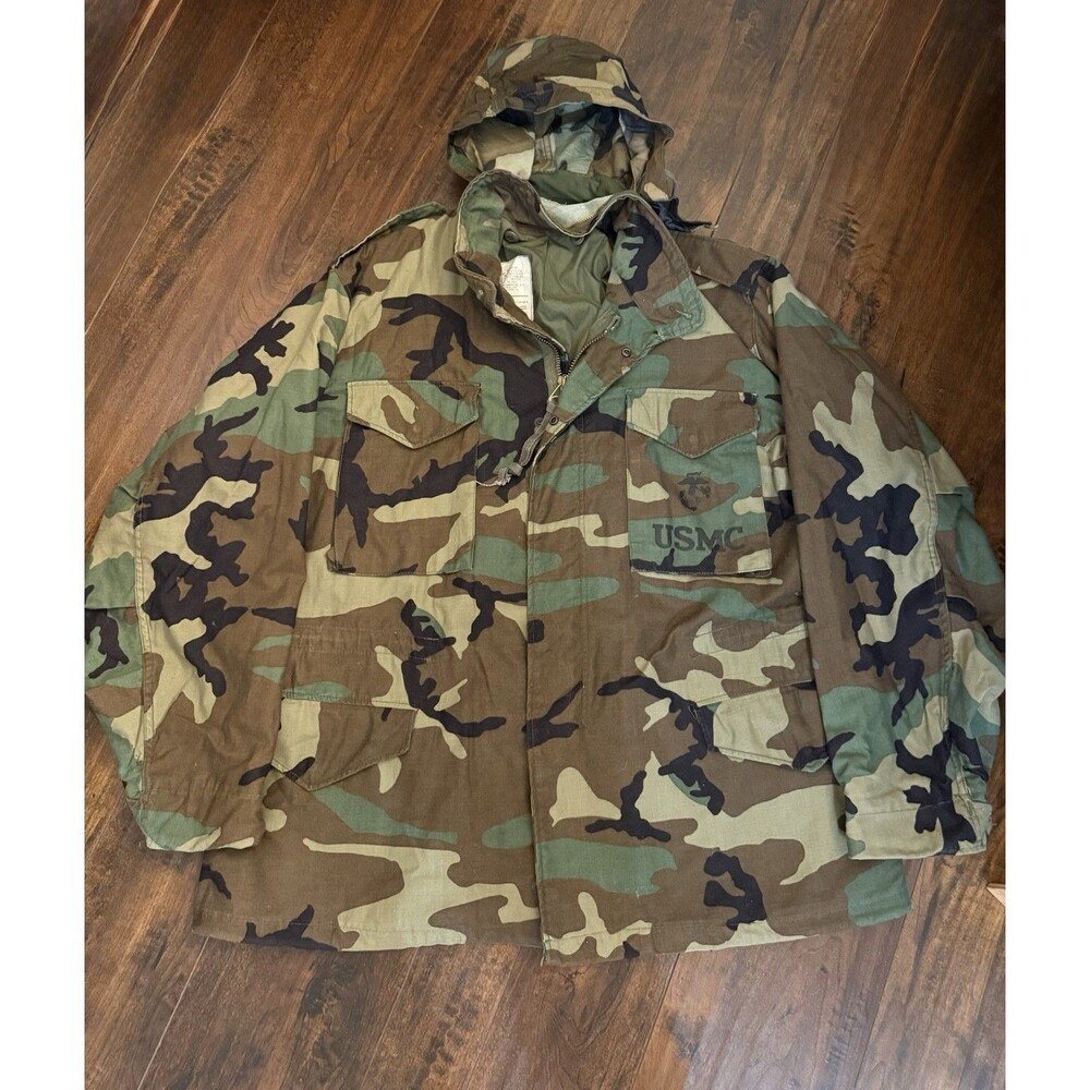 Vtg 1983 USMC M65 Field Jacket Woodland Camo Large Regular Brass Zipper M-65